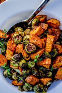 Thanksgiving Roasted Sweet Potatoes and Brussels Sprouts